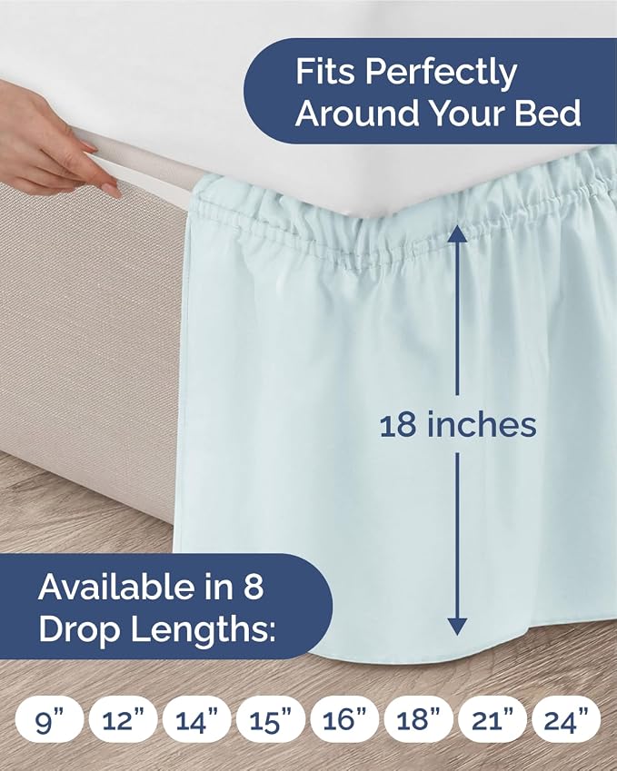Wrap Around Dust Ruffle Bed Skirt - Ice Blue - for Twin Size Beds w/ 18 Inch Drop - Easy Fit Elastic Strap - Adjustable Pleated Bedskirt with Brushed Fabric - Wrinkle Free - Women, Men, Kids & Teens