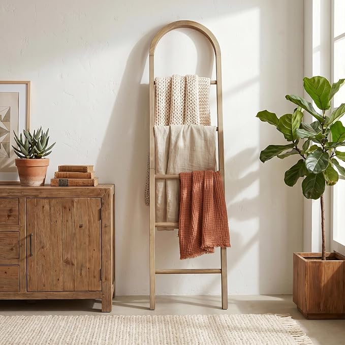 Wooden Blanket Ladder - Natural & Motley Wood - Leaning Wall Decor for Bedroom, Bathroom, Living Room - Rustic Quilt Holder & Towel Rack (Brown-Curved, 76in（5-Tier）)