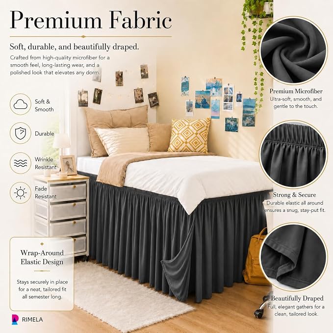 Dorm Room Bed Skirt Twin XL 36" Drop, College Split Corner Bedskirt, Grey | Solid ruffled, Wrap-around/elastic, Wrinkle & Fade resistant, with Adhesive Strips, Gift Packed, Machine Wash/Tumble Dry/Iron
