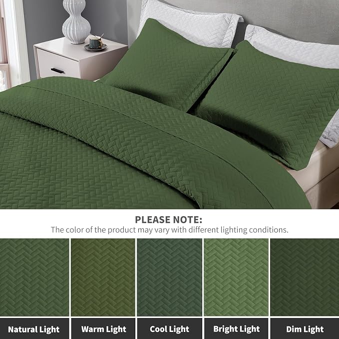 Maple&Stone Olive Green Quilt Set Queen Size, Lightweight Bedspread | Breathable Coverlet with Chevron Pattern, All-Season Dorm Bed Cover Set Bedding Decor 3 Piece