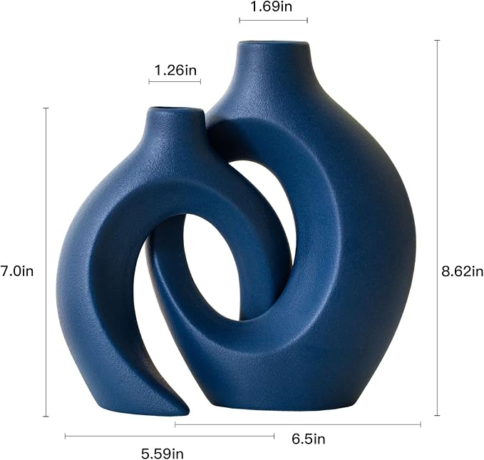 Lvases Snuggle Hollow Ceramic Flower Vaseof 2, Matte Navy Blue Home Decor | 8.4" Minimalist Nordic Boho Pampas Grass Decorative Vase Modern Aesthetic Ins Style Living Room Coffee Table Centerpieces
