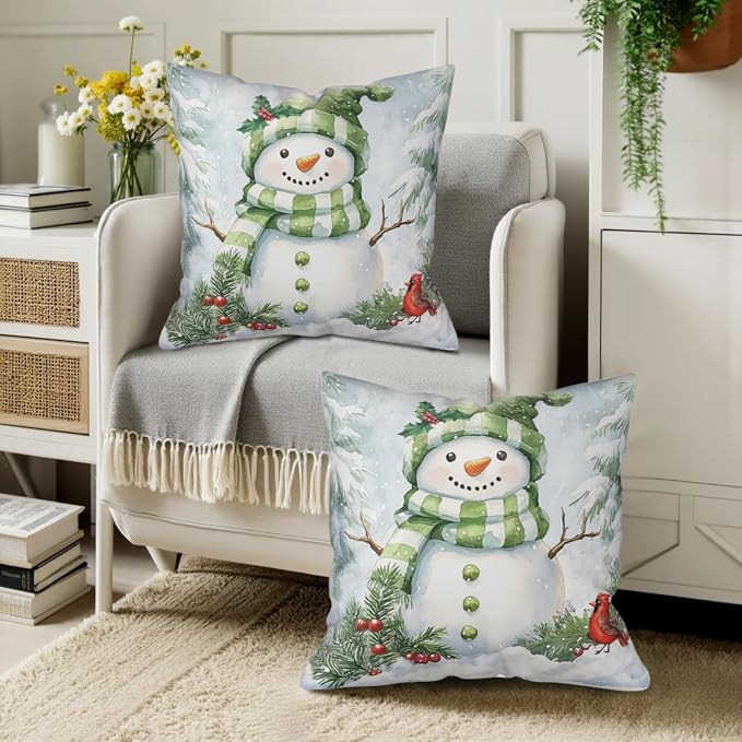 Set of 2 Winter Pillow Covers 24x24 Green Snowman Pine Tree Holly Berry Cardinal Bird Throw Pillow Covers Holiday Pillow Case for Home Decor Couch Sofa