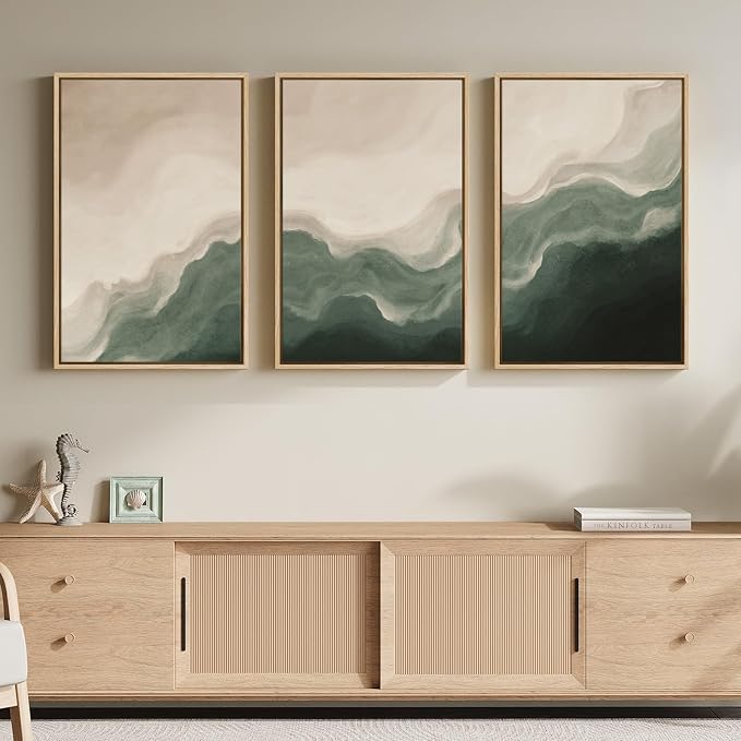 Framed Green and Beige Minimalist Abstract Wall Art, 3 Piece Set Each 16x24 | Modern green beige pictures, Canvas prints, Wood frame, Neutral artwork for walls, Wall decor for bedroom dining living room