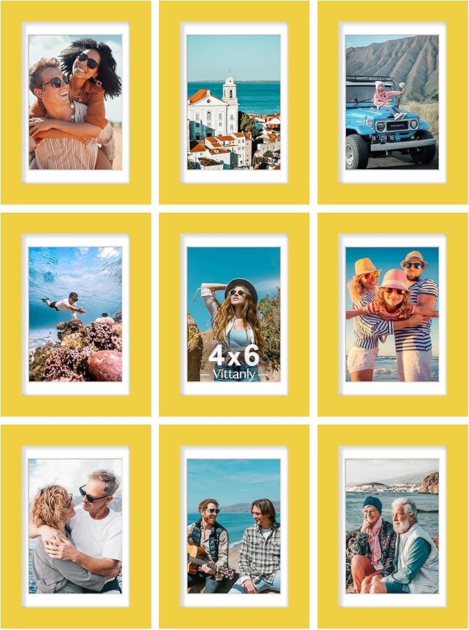 Vittanly 4x6 Picture Frames Set of 9 for Wall or Tabletop Display, Yellow | Display Pictures 3.5x5 with Mat or 4x6 without Mat, Small Photo Frames, Engineered Wood with Shatter Resistant Plexiglass