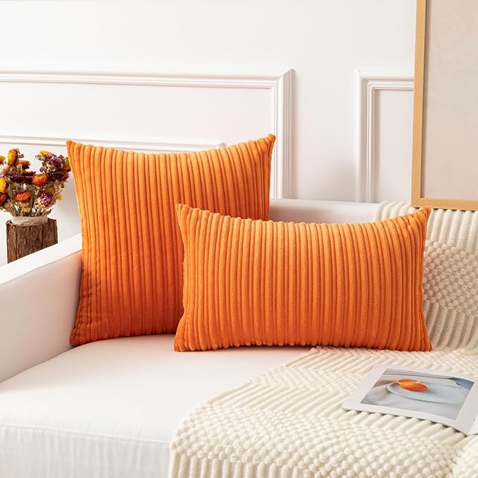 Kevin Textile Striped Corduroy 22”x22” Pillow Covers 2 Pack, Orange