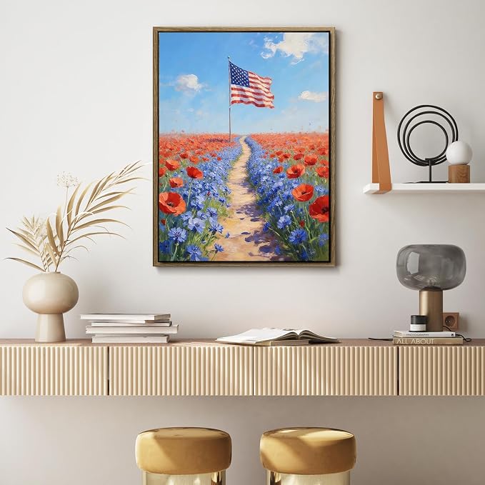American Flag Framed Canvas Wall Art, 4th of July Patriotic Canvas Prints | Wildflower Field Landscape Poster Print, Vintage Rustic Independence Day Wall Decor for Bedroom Living Room 24×36in