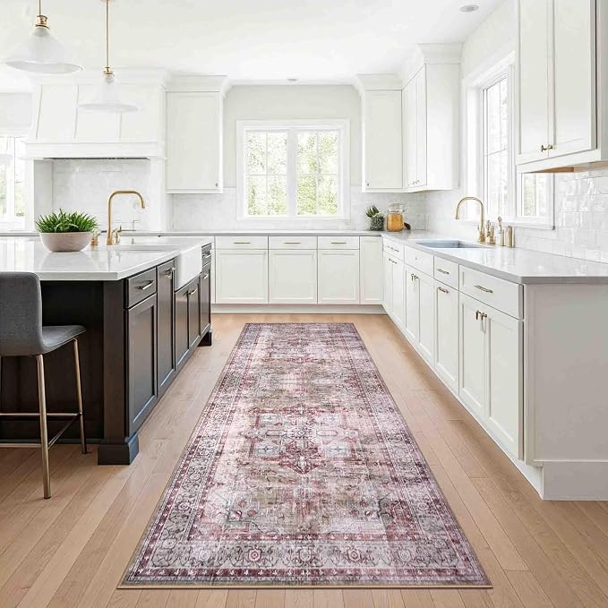 Machine Washable Area Rug, Soft & Durable, Non-Slip, Stain Resistant Rug for Bedroom, Living Room, Dining Room, High Traffic Areas, Eco- Friendly GRS Certified. (Pink/Beige, 2.5' X 7')