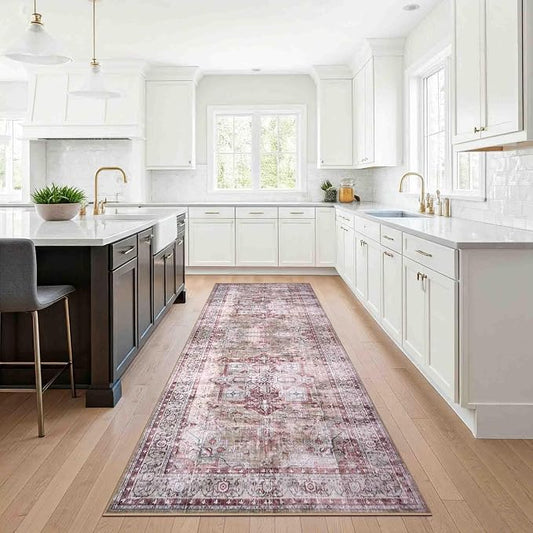 Machine Washable Area Rug, Soft & Durable, Non-Slip, Stain Resistant Rug for Bedroom, Living Room, Dining Room, High Traffic Areas, Eco- Friendly GRS Certified. (Pink/Beige, 2.5' X 7')