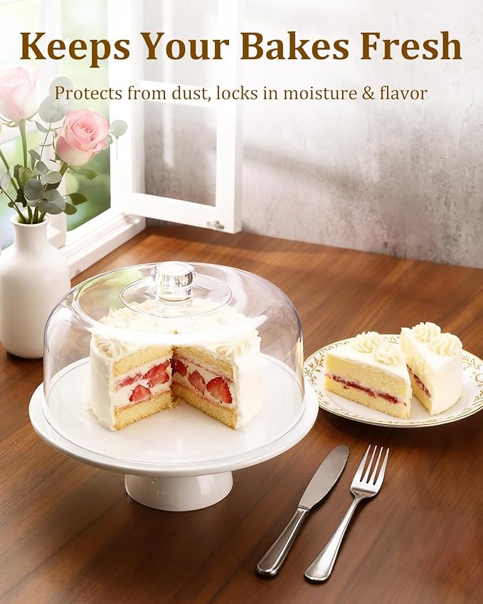 12 Inch Porcelain Cake Stand with Acrylic Dome Lid, White Pedestal | Round Dessert Stand, For Cakes, Cupcakes & Pastries, Covered Cake Display, For Birthday Parties, Weddings & Baby Showers