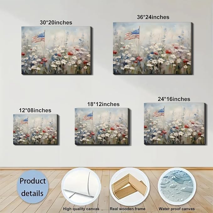 Framed American Flag Wildflower Wall Art, Patriotic Floral Canvas Art Pictures, USA Flag Wall Decor for Living Room Bedroom Office, Ready to Hang Made in USA