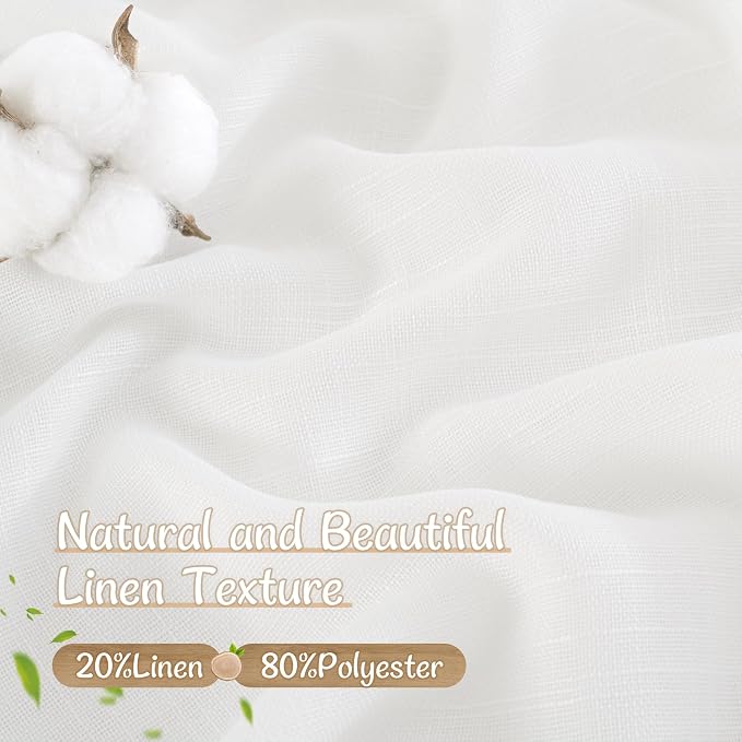 Semi Sheer Linen Curtains 102 Inches Long, 2 Panels, 52 x 102 Inch | White, Light Filtering, Curtains for Living Room, Neutral Window Drapes for Bedroom, Farmhouse, Back Tab Rod Pocket Panels