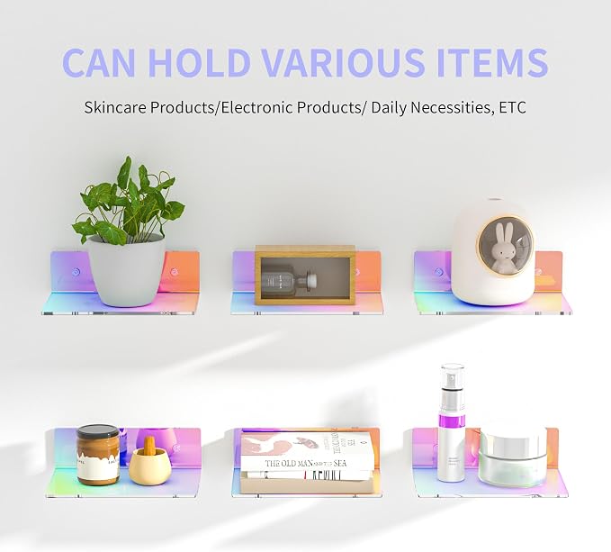 Sezanrpt 9 Inches Iridescent Floating Shelves Acrylic, White Wall Shelves for Living Room Décor, Bedroom, Bathroom, Kitchen, Dining Room, Brand Store, Retails, Gaming Room, 2 Pack