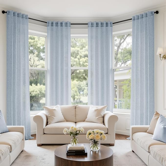 MIULEE Blue Back Tab Linen Curtains 4 Panels 42W x 108L | Linen material, light filtering, rod pocket back tab hanging, farmhouse decor for living room bedroom