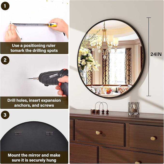 XRAMFY 24 Inch Round Mirror-Black Circle Mirrors for Bathroom, Entryway | Modern Hanging Vanity Mirror for Livingroom, Wall Decor, Bedroom, Matte Black Circle Decorative Wall Mirror