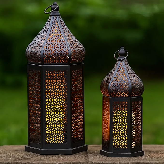 Vela Lanterns Decorative Indoor Black Moroccan Temple Lanterns, Set of 2