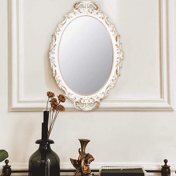 Tstarer 2 Pack - Vintage Decorative White Framed Mirror, Wall Hanging Mirrors & Tabletop Tray for Bedroom Living Room Dresser Decor, Oval- 9.6" W x 14.3" L (WHITE-2PACK)