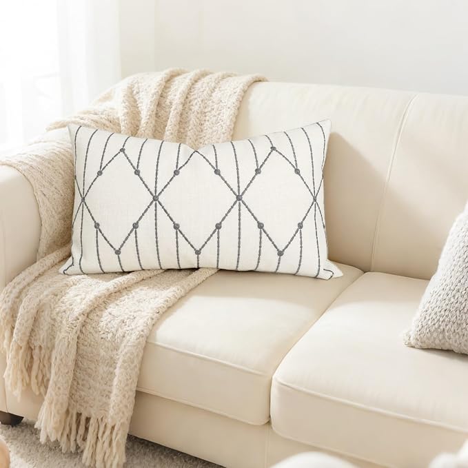 Slow Cow Linen Embroidery Rectangular Pillow Cover Cushion Cover Decorative Lumbar Throw Pillow Cover for Couch Sofa 12 x 20 Inches Dark Gray