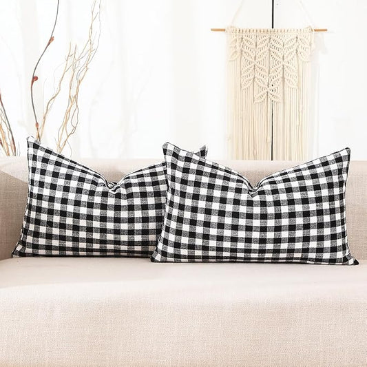 Black White Plaid Gingham Outdoor Lumbar Pillow Covers 12x20 Inch