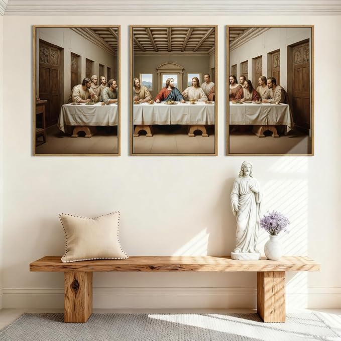 The Last Supper Canvas Wall Art Framed Christian Wall Decor 24x36 Inch Framed Jesus Religious Painting Modern Bible Pictures Set of 3 for Living Room Bedroom Hallway Office
