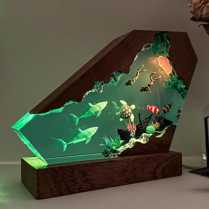 Handcrafted Shark Resin Ocean Lamp with Wooden Base