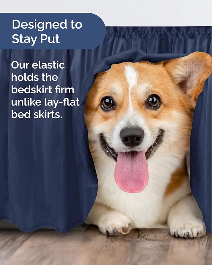 Wrap Around Dust Ruffle Bed Skirt, Queen Size - 15 Inch Drop, Navy Blue | Easy Fit Elastic Strap, Adjustable Pleated Bedskirt w/Brushed Fabric, Wrinkle & Fade Free, for Women, Men, Kids & Teens