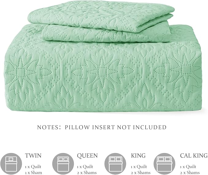Exclusivo Mezcla Full Queen Quilt Set, Sage Green | Lightweight Soft Bedspreads Coverlets, All Season Bedding with 2 Pillow Shams, Modern Style for Bedroom Guest Room