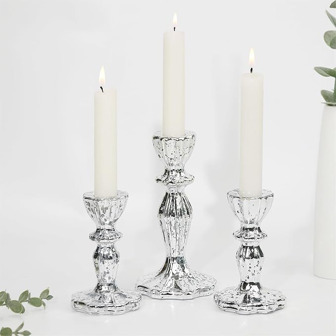 Glass Candlestick Holders Set of 3, Silver Mercury Candle Holder Taper Candle Holders for for Candlesticks, Table Centerpiece, Home Decor,Wedding, Birthday, Party, Christmas