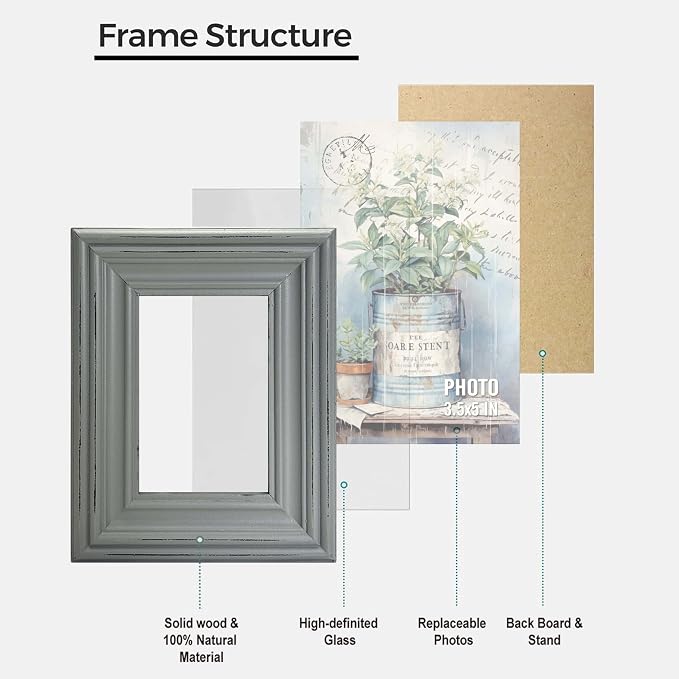 EXQUIDECA Chic Vintage 3.5x5 Inches Wooden Picture Frame Pack of 3 Farmhouse Aqua Grey White - Rustic Thick Wood High Definition Glass Photo Frame Outside 6.1x7.7 Inches