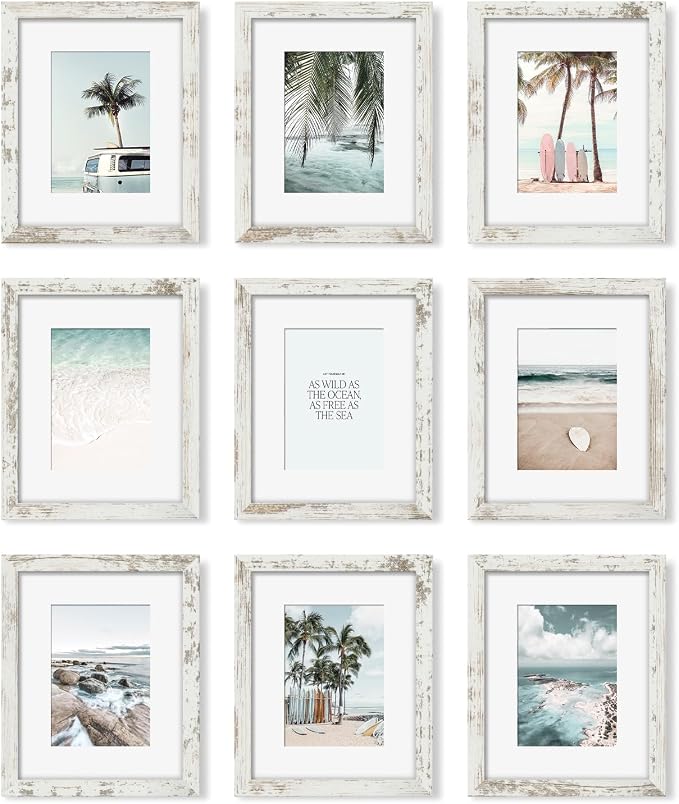 YESKAY 8x10 Picture Frame Set of 9, Display Pictures 5x7 with Mat or 8 x 10 Without Mat, Multi Photo Frames for Wall Mounting or Table Top Display, Distressed White