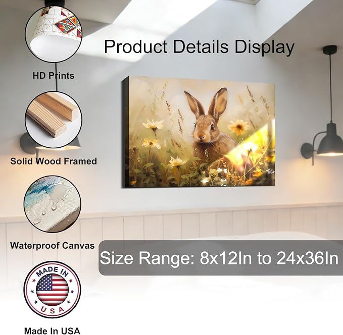 Field Floral Easter Bunny Framed Canvas Wall Art, Easter Themed Landscape Painting Print for Enterway, Fireplace,Rabbit Canvas Art & Holiday Office Home Decor, Ready to Hang