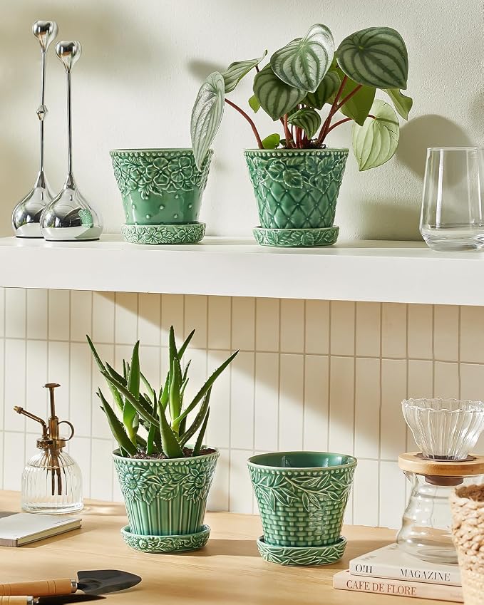 Metahom 4.9 Inch Ceramic Pots for Plants, Flower Pots Set of 4, Green Color