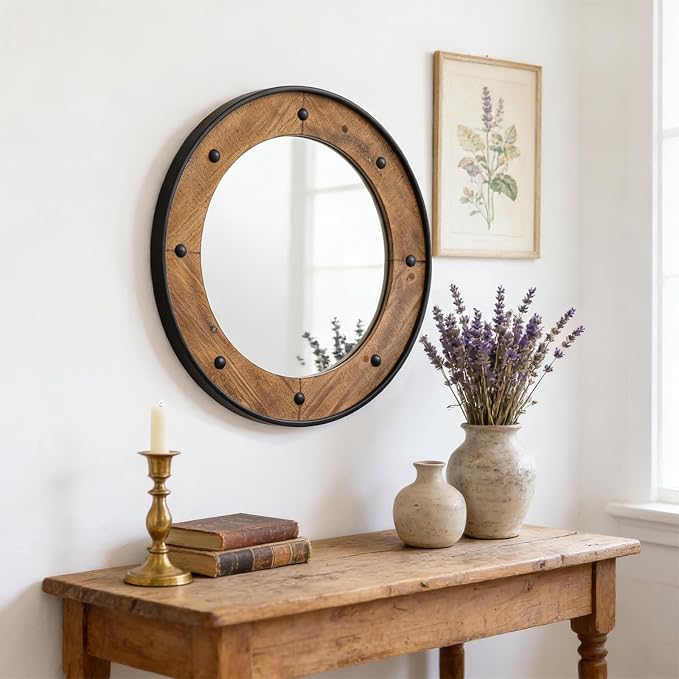 Rustic Round Wall Mirror 30 Inch, Natural Wood Frame with Black Metal Trim, Industrial Farmhouse Round Wood Mirror, Decorative Wall Mirror for Bathroom, Living Room, Entryway