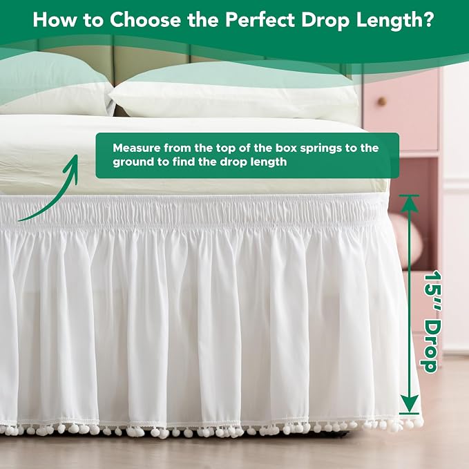 Wrap Around Queen Size Bed Skirt 15" Drop-Elastic Dust Ruffle White Pompom | Adjustable Pleated Bedskirt-Easy Fit Wrinkle Resistant Washable Hotel Quality Fabric Bed Skirting-Master Guest Bedroom Rental