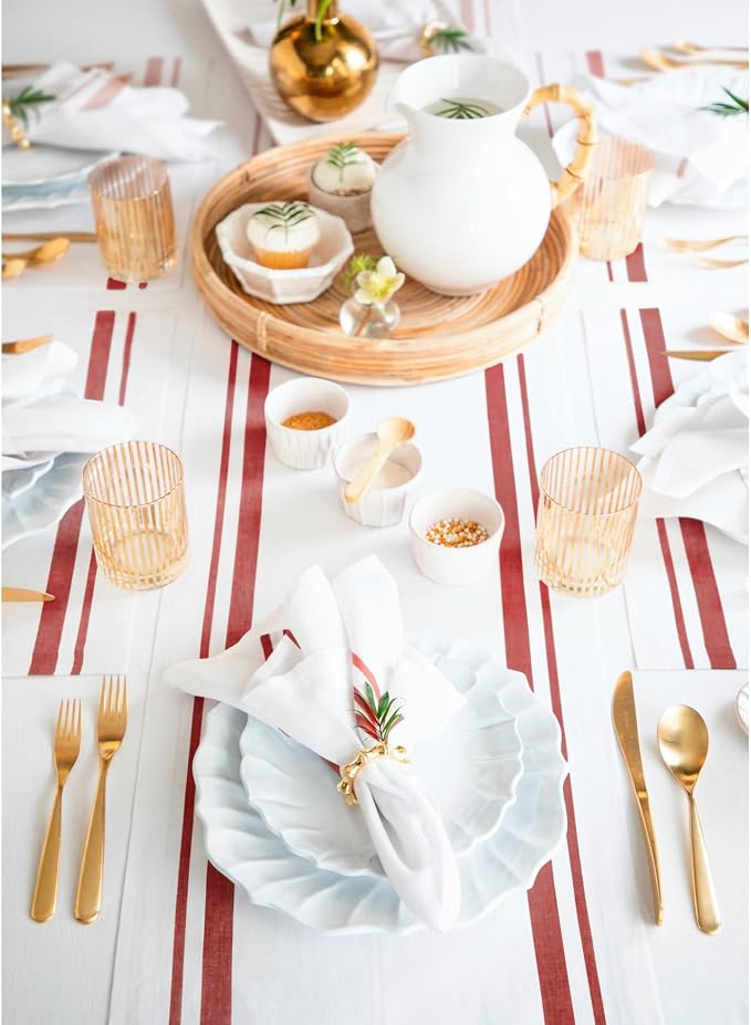 Solino Home 100% Pure Linen Table Runner, 14 x 36 in, Red and White Striped | French Stripe, dresses up dining tables for everyday meals, woven stripe, European flax fibres, soft, OEKO-TEX Certified