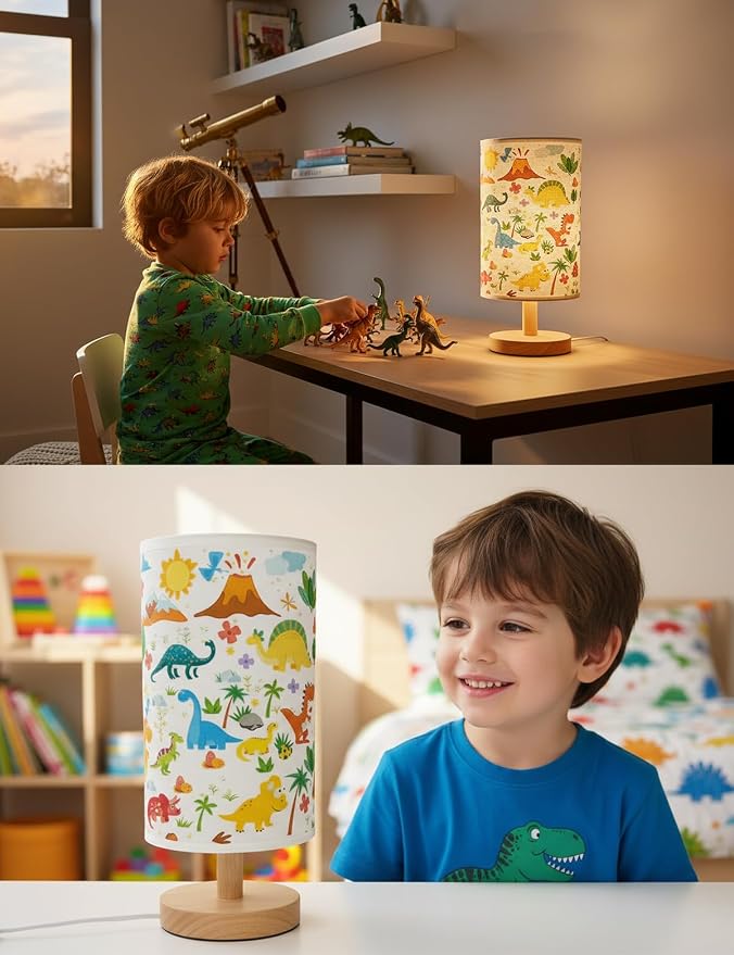 Dinosaur Lamp for Boys Room, 3 Colors Nightstand Light, Round Wood Base Flaxen Fabric Desk Lamp for Kids Room, Dino Lamp Gift for Boy (LED Bulb Included)