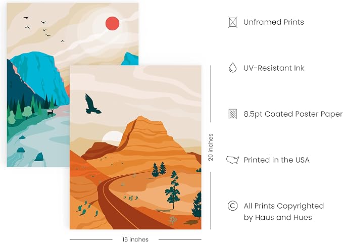 HAUS AND HUES National Parks Posters Set of 6 Landscape Pictures, Nature Prints Mountain Painting Abstract Nature Wall Art, Scandinavian Wall Art Mountains (16x20, Unframed)