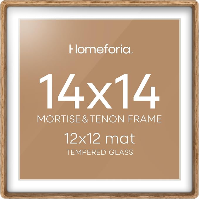 Homeforia 14x14 Mortise&Tenon Natural Oak Picture Frame, 12x12 Mat, Glass