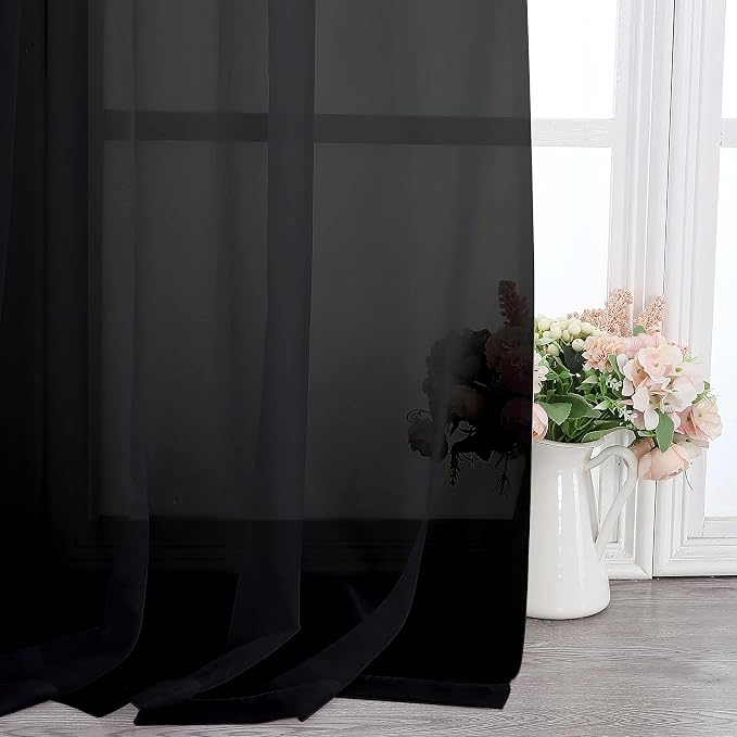 Simplebrand Black Sheer Curtains 108 Inches Long, Extra Long Rod Pocket Solid Color Window Sheer Curtain Panels, Elegant Curtains & Drapes for Living Room, Bedroom 2 Panels (Black, 42" W x 108" L)