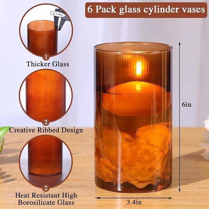 Amber Glass Cylinder Vases for Centerpieces - 6 Inch Tall Flower Vases for Wedding & Fall Decor, Floating Candle Holders for Table Centerpieces, Set of 6 Pcs
