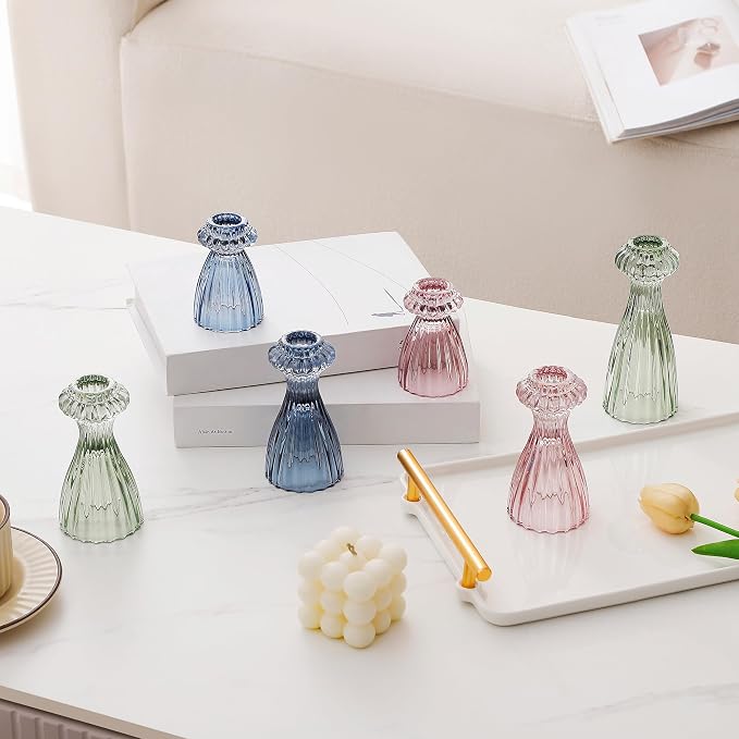 Lysenn Glass Candlestick Holders, Taper Candle Holders Set of 6, Green