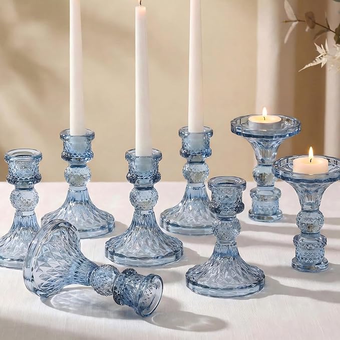 Glass Candle Holder Set of 12, Blue Taper Candle Holders Bulk | Vintage Candlestick Holders, Candle Stick Holder for Table Centerpieces, Wedding, Festival & Home Decor