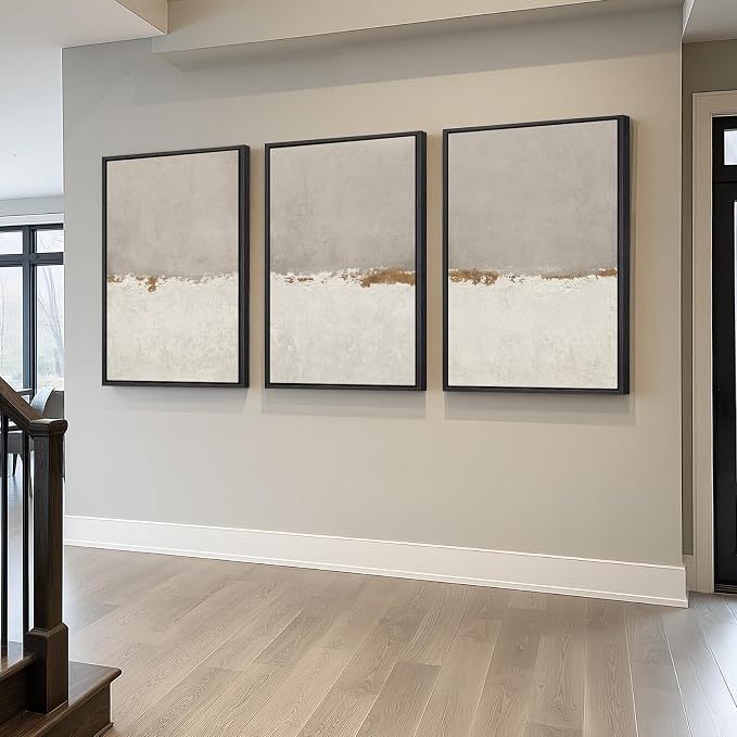 Large Framed Modern Taupe Abstract Wall Art for Living Room, Set of 3 24x36 | Minimalist beige horizon pictures, Canvas prints, Neutral paintings, Artwork for walls, Wall decor for hallway bedroom office