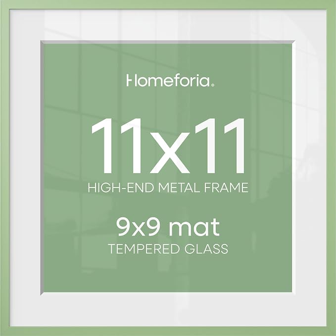 Homeforia 11x11 Green Picture Frame, High-End Metal, 9x9 Mat, Glass