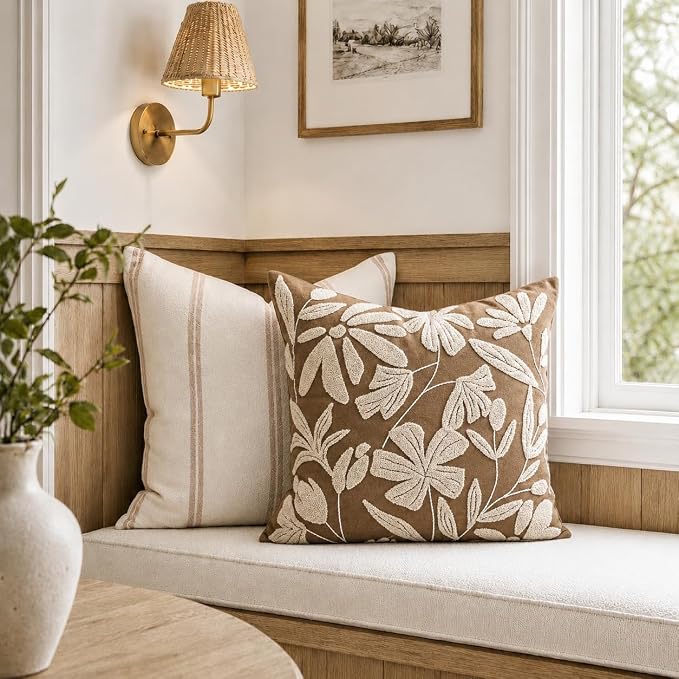BlissBlush 20x20 Throw Pillow Cover, Square Brown Decorative Cushion Cover for Couch Sofa, Embroidered Velvet Farmhouse Accent Pillowcase (Cover Only)