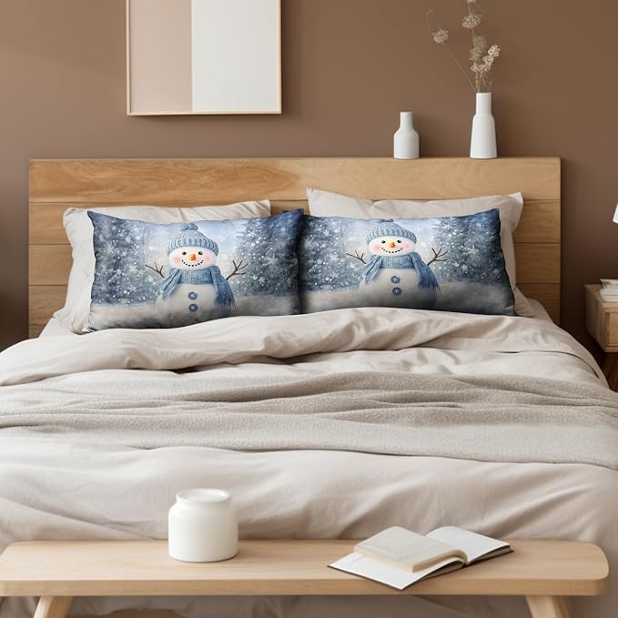 Blue Snowman Lumbar Throw Pillow Covers Winter Pillow Covers 12x20 Snowflakes Pillow Case Double Sided Printing Rectangular Cushion Case for Home Decor Couch Sofa Set of 2