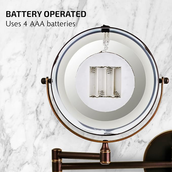 OVENTE 7" Wall Mounted Lighted Makeup Mirror, Antique Bronze MFW70ABZ1X7X | Cordless Double Sided 1X/7X Magnifying Mirror for Bathroom with LED Lights, 360° Rotation, Extendable Arm, Battery Operated