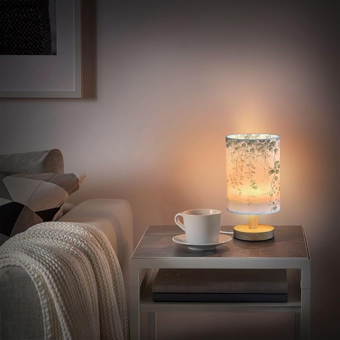 Bedside Lamp Green Sage Leaves Table Lamp for Bedroom LED Nightstand Lamp Shade USB Ports Wood Base for Living Room Dorm Office