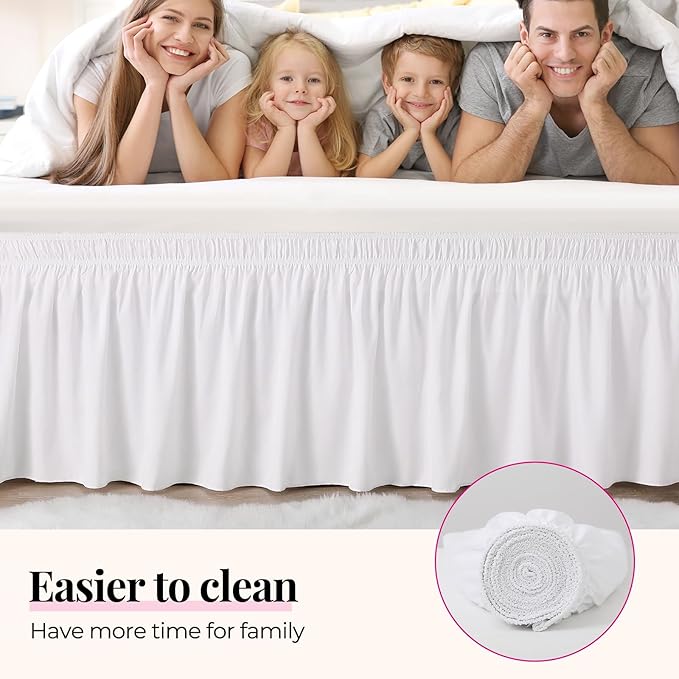 White Bed Skirt Twin Size 18 Inch Drop, Elastic Wrap Around Bedskirt | Solid ruffled, Wrap-around/elastic, Wrinkle & Fade resistant, with Adhesive Strips, Gift Packed, Machine Wash/Tumble Dry/Iron
