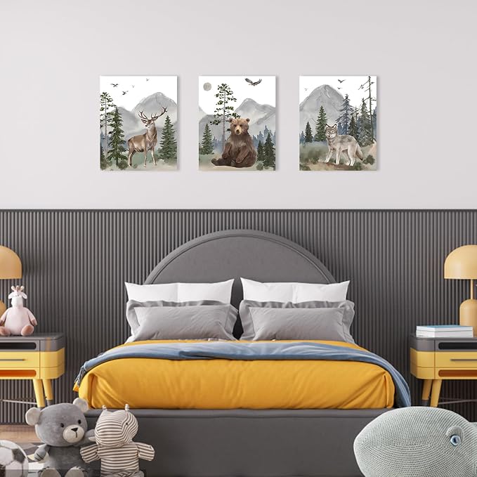 Woodland Nursery Wall Art Decor: Forest Themed Animal Wall Art Prints Canvas Posters Nursery Decor for Boys Girls Room,Wildlife Deer Bear Wolf Pictures for Bedroom Wall Decor,12x15 Inch,Set of 3