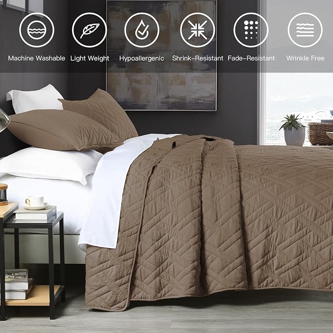 HORIMOTE HOME Quilt Set King Size Pine Bark, Classic Geometric Diamond Stitched Pattern, Ultra Soft Microfiber Lightweight Bedding Bedspread Coverlet for All Season with 1 Quilt 2 Pillow Shams